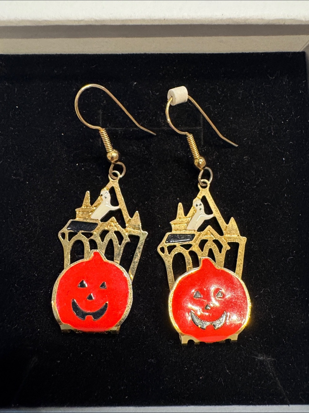Halloween Pumpkin Drop Earrings - Gold-tone Red Enamel